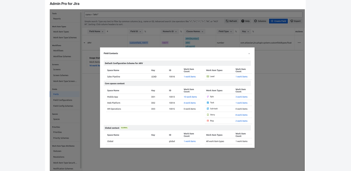 Admin Pro field contexts view listing spaces, work item types and work item counts for a custom field