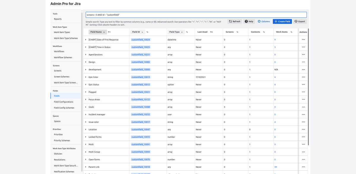 Admin Pro Fields table with Last Used, Screens, Contexts and work item count columns