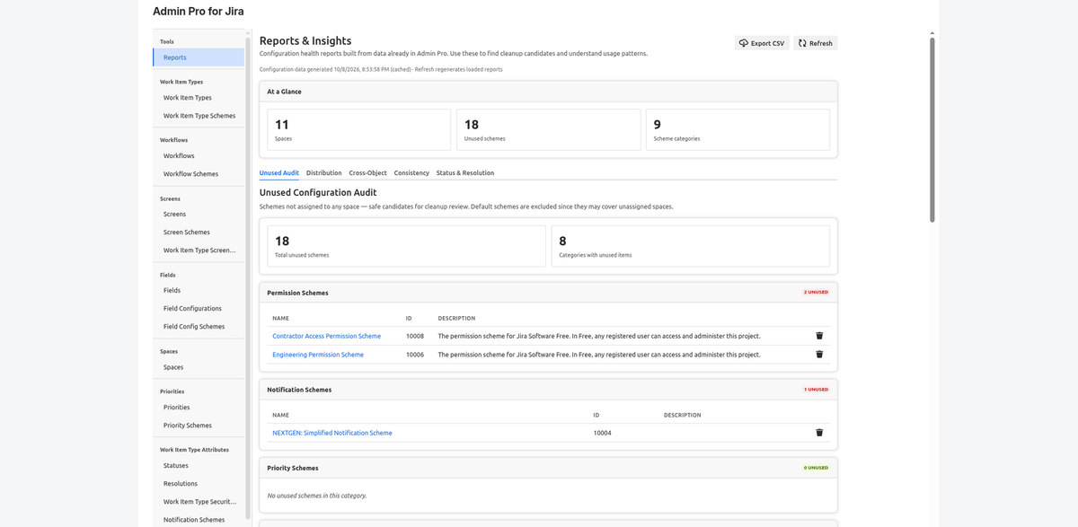 Admin Pro Unused Configuration Audit report