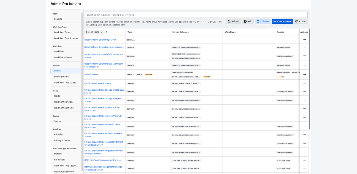 Admin Pro Screens table with screen schemes, workflow transitions and projects for each screen