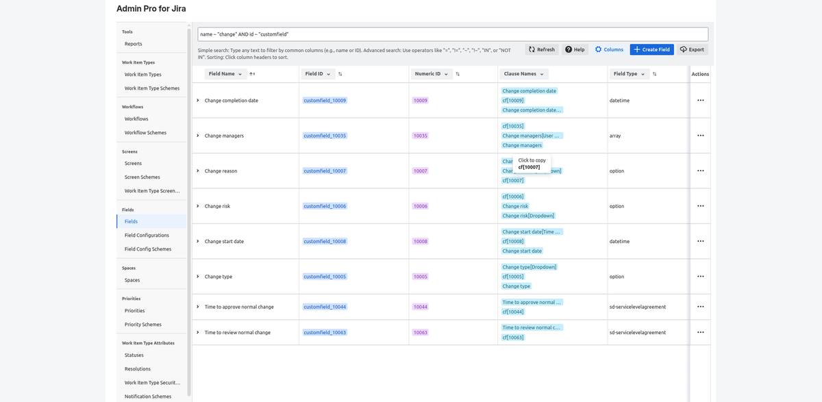 Admin Pro Fields table with a JQL-like search and click-to-copy field IDs
